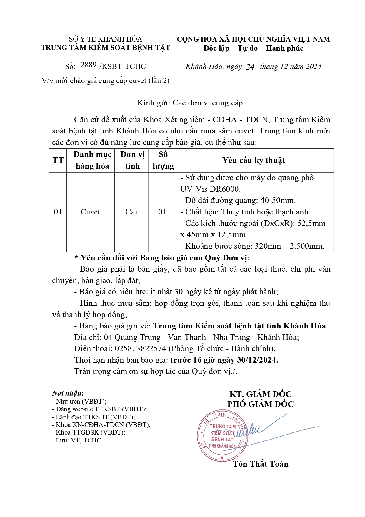 V/v mời chào giá cung cấp cuvet (lần 2)